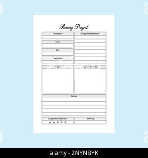 Nähprojekt-Logbuch KDP Interieur. Vorlage für Business-Notebook und Messplaner von Modedesignern. Das KDP-Innenjournal. Projektaufgabe t integrieren Stock Vektor