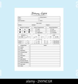 Bienenzuchtbuch KDP Interieur. Vorlage für Tracker für Imkerei und Honigernte. Das KDP-Innenjournal. Honig-Testtagebuch und Bienenstockpflegeprotokoll Stock Vektor