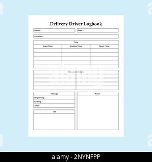 Auslieferung Fahrer Notebook KDP Interieur. Informationsnachverfolgung für Lieferservice zu Hause und Buchungsvorlage für Auftragsprotokolle. Das KDP-Innenjournal. Online-Shop Stock Vektor