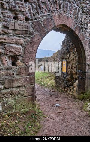 Ruinen von Schloss Schadeck, auch Schloss Schwalbennest, in der Stadt Neckarsteinach, Stadt der vier Schlösser, Hessen, Deutschland, Europa. Stockfoto