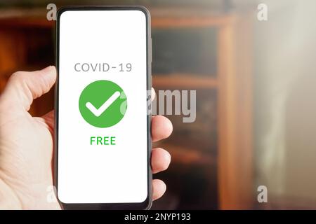 Männliches Mobiltelefon in der Hand mit dem Text „Covid-19 Free“ auf dem Bildschirm. Person, die Gesundheitsbericht über den Covid-Test in der mobilen App zu Hause überprüft. Speicherplatz kopieren. Stockfoto