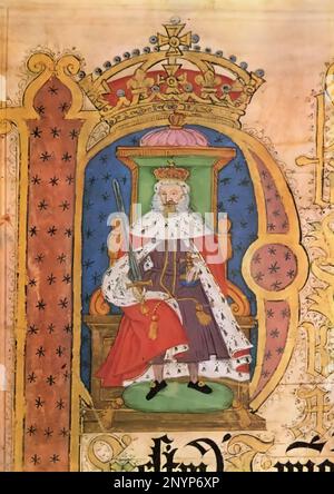 James VI und I (1566-1625), 1623. Ein Porträt aus dem Osterplea Roll (K.B. 27/1522). Plädoyers sind Pergamentpapiere, in denen Details von Gerichtsverfahren oder Klagen vor einem Gericht in England aufgezeichnet werden. Die Gerichte begannen Ende des 12. Jahrhunderts, ihre Verfahren in Schriftrollen und Schriftsätzen ihrer Stiftung zu dokumentieren. Stockfoto