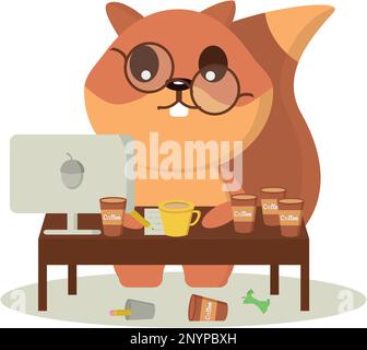 Eichhörnchen in Brille funktioniert an einem Computer. Vektorgrafiken zum Thema Arbeit Stock Vektor