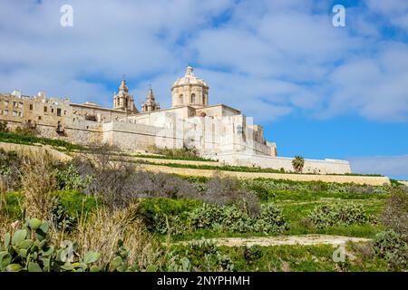 Die Festungsstadt Mdina Maltese L-Imdina in Malta, Europa. Die Stadt kann von außerhalb des Forts und der Mauern aus gesehen werden, üppig grüne Felder rund um die Stadt. Stockfoto