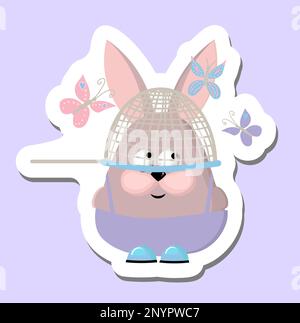 Kaninchen mit Schmetterlingen. Süßer Häschen-Aufkleber. Vektordarstellung eines Kaninchens. Schmetterlinge fangen. Netz. Stock Vektor