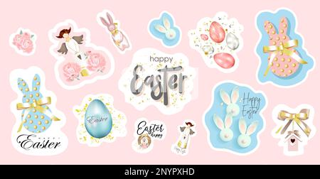 Set mit Osteraufklebern. osteraufkleber. Kaninchen und Hasen, bemalte Eier und jesus Dornenkrone. Religionsaufkleber. das christentum Stock Vektor