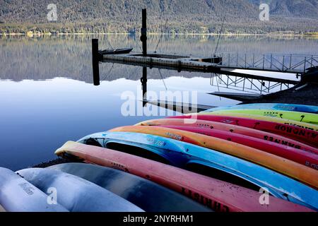 WA20979-00....WASHINGTON - Kajaks am Ufer des Lake Quinault, Lake Quinault Lodge. Stockfoto