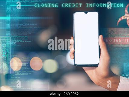 Hände-, Telefon- und Bildschirmmodell für Viren, Hacking-Software oder Cybersicherheit bei Nacht in doppelter Belichtung. Hand des Hackers mit Smartphone-Display für Stockfoto