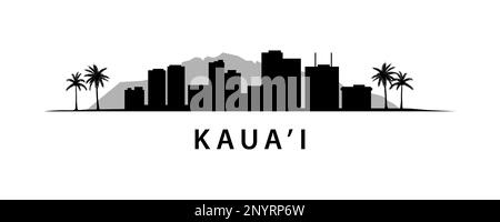 Skyline auf Kaua'i Island von Hawaii. US-Bundesstaat. Exotische Landschaftsgrafik. Silhouette in Schwarz und Weiß. Karibische Länder Stock Vektor