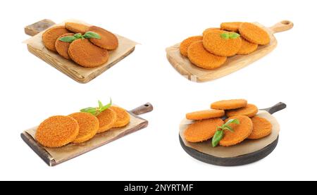 Mit köstlichen gebratenen panierten Schnitzeln auf weißem Hintergrund Stockfoto