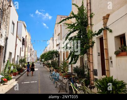 Gassen des Küstendorfes San Vito lo Capo. Die weißen Häuser sind mit vielen mediterranen Pflanzen verziert. Stockfoto