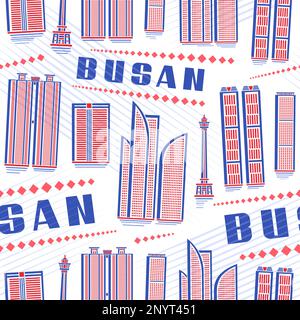 Vector Busan Nahtloses Muster, quadratischer, wiederholter Hintergrund mit Illustration der roten, modernen stadtlandschaft von busan auf weißem Hintergrund für Geschenkpapier, Dekor Stock Vektor