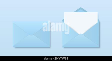 Vector Realistic Blank Blue Geschlossen, geöffnete Briefumschläge mit Letter-Inhalt. Gefaltet, Abgewickelte Weiße Hülle, Modellset Großaufnahme Isoliert. Nachricht Stock Vektor
