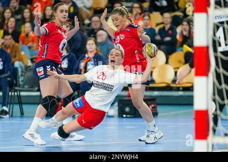 EINDHOVEN, NIEDERLANDE - MÄRZ 2: Trine Jensen von Dänemark während des Frauenspiels der Golden League zwischen Norwegen und Dänemark im Hallensportzentrum Eindhoven am 2. März 2023 in Eindhoven, Niederlande (Foto: Henk Seppen/Orange Pictures) Stockfoto