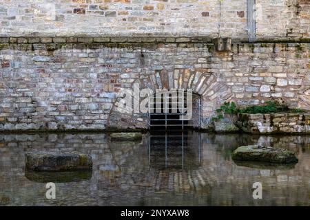 Das Fenster eines alten Gebäudes im Keller spiegelt sich im Wasser wider. Steinmauer. Stockfoto