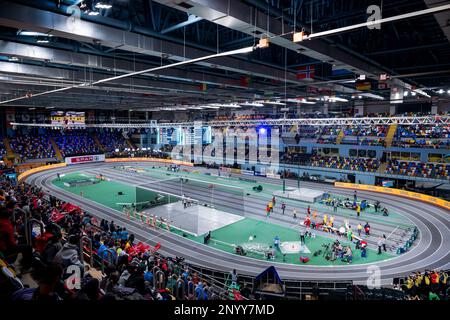 Istanbul, Türkei, Donnerstag, 02. März 2023. Abbildung zeigt die Vorbereitungen für die europäische Leichtathletik-Hallenmeisterschaft 37., die am Donnerstag, den 02. März 2023 in Istanbul, Türkei, stattfindet. Die Meisterschaften finden vom 2. Bis 5. März statt. BELGA FOTO JASPER JACOBS Stockfoto