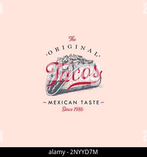 Handgezeichnetes Logo Tacos Silhouette und moderne Vintage Typografie Retro-Stil Vektor Illustration. Taco-Tortilla-Etikett für Fast-Food-Verpackungen und Stock Vektor