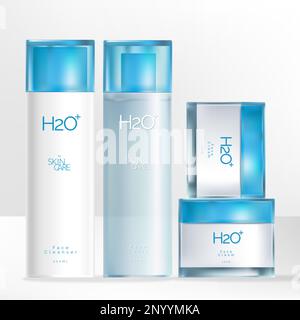 Vector Beauty Shampoo oder Tonic Flasche und Gesichtscreme oder Maskenbehälter getönt Blau transparenter Verschluss Verpackungsset. Stock Vektor