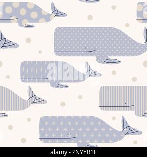 Vektorfarben in Pastelltönen Minimal Sea Life Whale Seamless Pattern für Kinder- und Babygewebe oder Geschenkpapierdruck. Stock Vektor