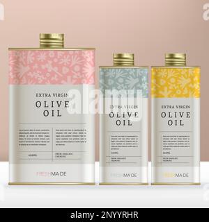 Vector rechteckige Zinn- oder Flaschenverpackung für Olivenölprodukte mit minimalem Blumenmuster. Stock Vektor