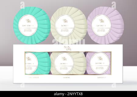 Vector Geschenkset Geschenkpapier Geschenkverpackung Runde Handwaschseife mit Goldfolie Weiß Verpackung Fensterbox. Stock Vektor