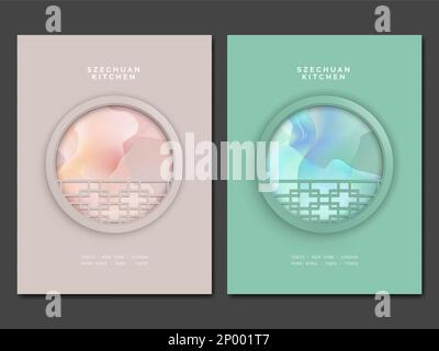 Vector Minimal Chinesisches Restaurant oder Teeladen Menü Cover, Plyer- oder Postervorlage mit traditionellem Rundfenster und Aquarell Hintergrund. Beige und Stock Vektor