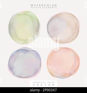 Vektorverlaufsgitter überlappend Pastellfarben Aquarell Kreis, Punkt oder Splitter Grafikelement in Violett, Grün, Koralle und Beige. Stock Vektor