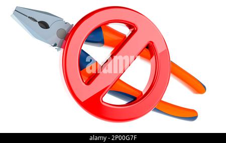 Zange mit Verbotssymbol, 3D-Rendering isoliert auf weißem Hintergrund Stockfoto