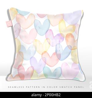 Vektorverlauf Netz Aquarell Zeichnung mehrere Farben überlappende Herzformen Nahtloses Muster in Pastellrosa und Gelb. Stock Vektor