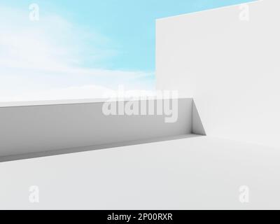 3D-Rendering Pure White Minimale Architektur Outdoor Skyline Produkthintergrund für Beauty, Gesundheit und Medizinprodukte. Stockfoto