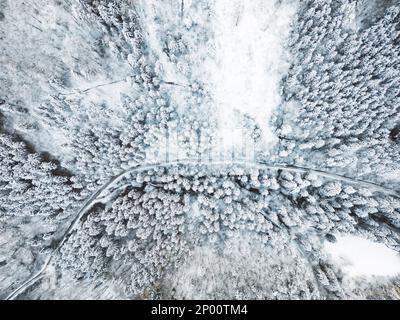 Blick von oben auf eine leere Straße durch verschneiten Winterwald Stockfoto