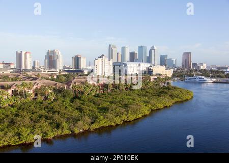 Der Blick am Morgen auf das Wohngebiet Harbour Island und die Skyline der Innenstadt von Tampa im Hintergrund (Florida). Stockfoto