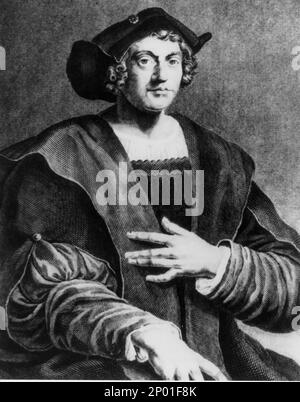 Der italienische Entdecker und Navigator CRISTOFORO COLOMBO ( Genua 1451 - Valladolid , Spanien 1506 ) , Gravierdruck aus dem 1519. Jahrhundert von Sebastiano del Piombo - Christopher Columbus - ESPLORATORE - NAVIGATORE - Incisione - illustrazione - cappello - Hut ----- Archivio GBB Stockfoto