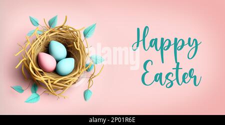 Osternest mit Eiern auf Pfirsichhintergrund isoliert. Ostern-Hintergrund. Ostereier in einem Nest mit einer Nachricht, die "Frohe ostern" sagt. Bunte Eier Stockfoto