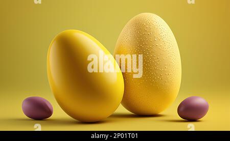 Ein goldenes Ei hebt sich von anderen Eiern ab. Auf gelbem Hintergrund Stockfoto