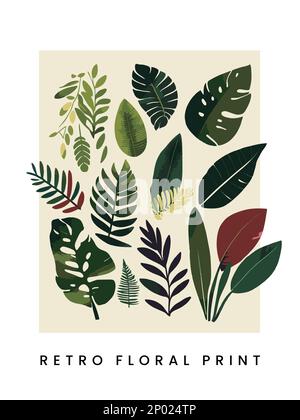 Vektor abstrakter Retro-Siebdruck Botanisches tropisches Blatt Oberflächenmuster für Poster, Buchumschlag oder Werbungshintergrund. Stock Vektor