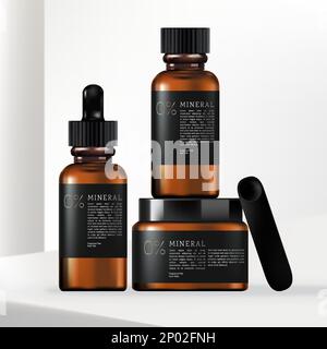 Vector 3D Illustration – Set aus getöntem braunem Glas oder Kunststoffbehälter, Pumpflasche, Tropfflasche, Handcreme-Röhrchen mit minimalistischem Umwickeln um Etikett D Stock Vektor