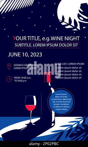 Banner oder Flyer mit einer Flasche Wein und einem Glas Wein. Weinabend oder andere Veranstaltung. Fügen Sie Ihren eigenen Text hinzu Stock Vektor