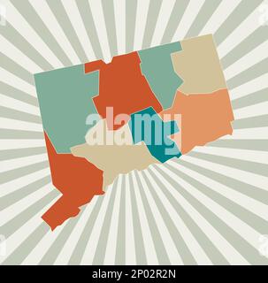 Karte von Connecticut. Poster mit Karte des US-Bundesstaates in Retro-Farbpalette. Form von Connecticut mit sonnengestrahltem Hintergrund. Vektordarstellung. Stock Vektor