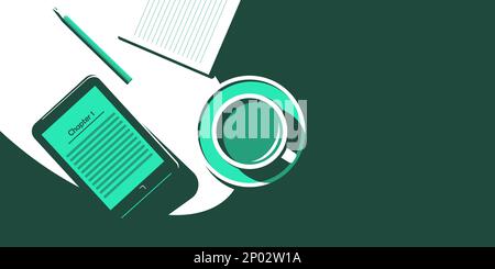 Eine Tasse Kaffee oder Tee. In der Nähe befindet sich ein elektronisches Gerät zum Lesen von Büchern. Gedanken zum Lernen oder Lesen von Büchern Stock Vektor