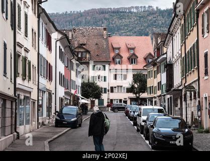 Delemont, Schweiz - 19. Oktober 2021: Delemont ist die Hauptstadt des schweizer Kantons Jura Stockfoto