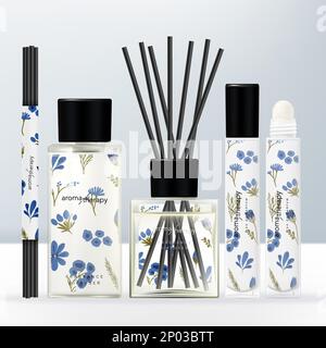 Vector Klarglas- oder Plastikflasche mit Schraubverschluss Duftflasche Flasche, Roll-on Duftflasche und dunkelgraues Reed Duftstäbchen für Zuhause. Stock Vektor