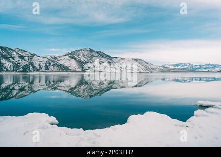 Verschneite Szene am Piute Reservoir, Utah Stockfoto