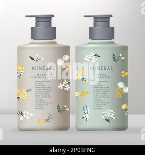 Vector Body Wash- oder Seifenspender oder Pumpflasche, undurchsichtige Plastikflasche mit edlem Blumenmuster bedruckt. Faltschachtel. Stock Vektor