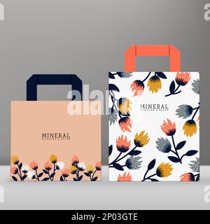 Lay-Vorlage für Vector-Einkaufstasche aus Papier mit Blumenmuster im Retro- oder Vintage-Stil. Stock Vektor