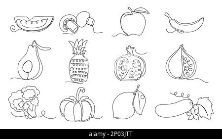 Vegane Online-Symbole. Kontinuierliches Obst und Gemüse. Natürliche, gesunde Lebensmittel für das Leben und Diäten. Illustration von Nutric Products im Skizzenstil. Stock Vektor