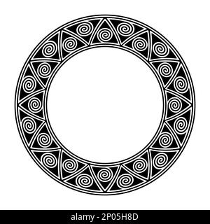 Kreisrahmen mit einem Muster aus Spiralen in Dreiecken. Dekorativer Rand, inspiriert von traditionellen Töpfermotiven der Mimbres. Stockfoto