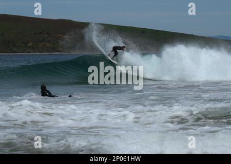 Ein Surfer trifft die Spitze der Welle und schickt eine Sprühfahne in die Luft, bevor er auf .Goats Island im Hintergrund paddelt Stockfoto