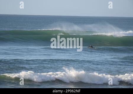 Surfen in der Nähe von Jan Juc an der Surfküste ein einsamer Surfer paddelt mit grünen Röhren an der Küste zur perfekten Schlange Stockfoto