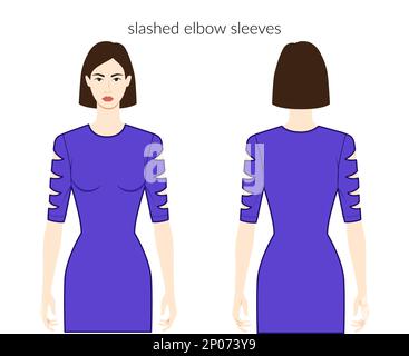 Schlitzärmel Kleidung Figur wunderschöne Dame in blauem Oberteil, Hemd, modische Illustration mit Ellbogenlänge. Flache Bekleidungsvorlage vorne, Rückseite. Frauen, Männer, Unisex-CAD-Modell Stock Vektor
